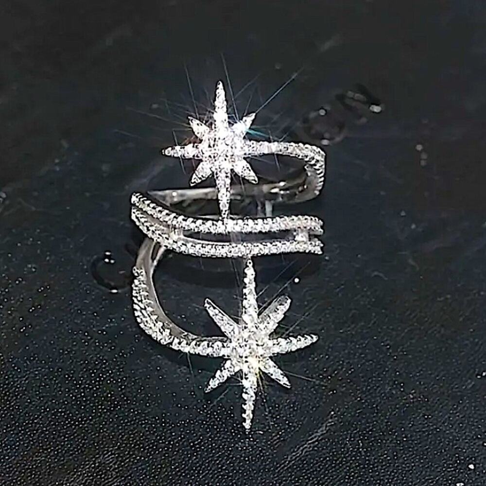 Silver Double Star Zircon Ring Celestial Moon